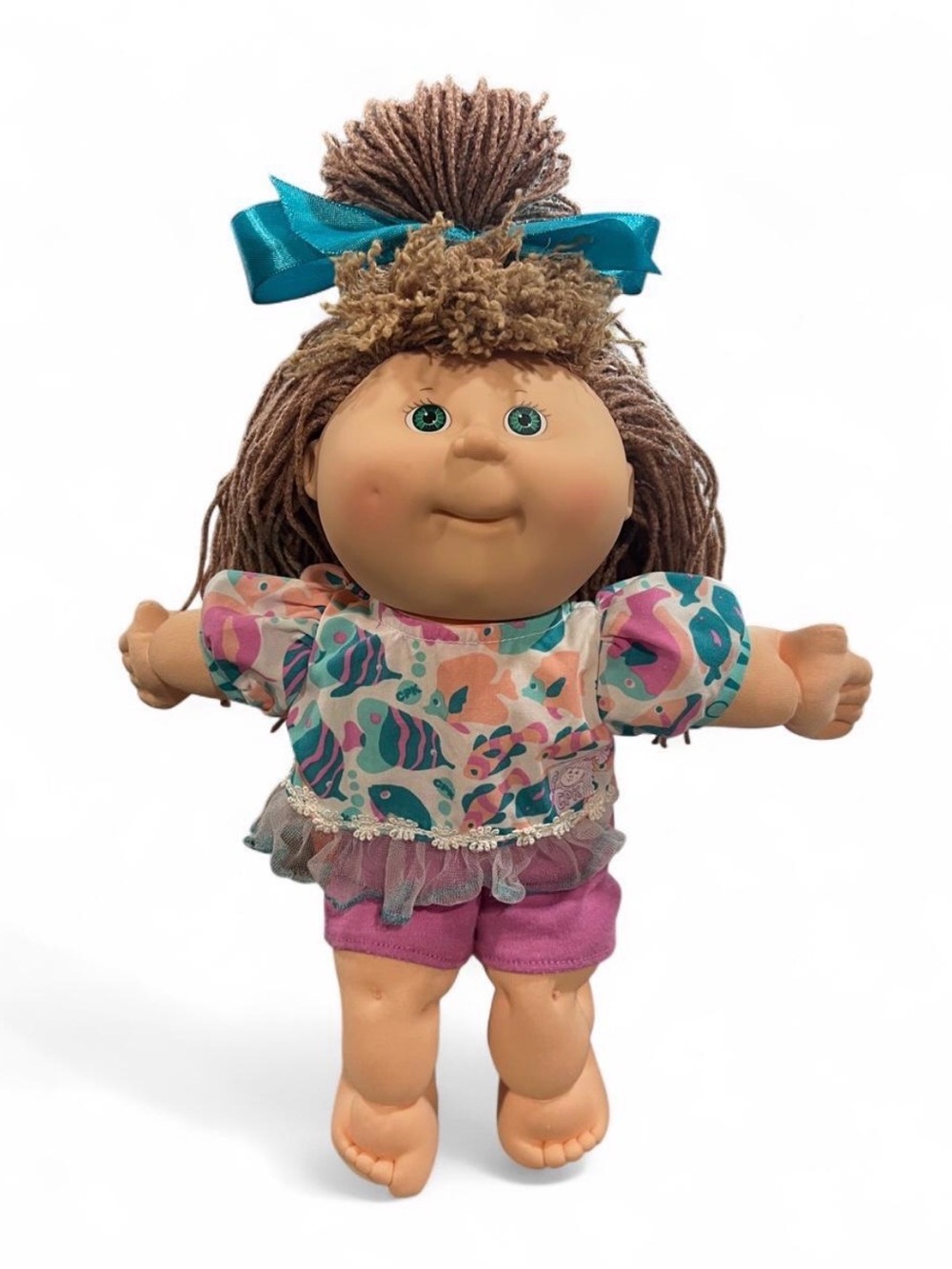 Vintage 90’s Cabbage Patch Kids Doll with Brown Hair and Teal Bow - Kids Toy